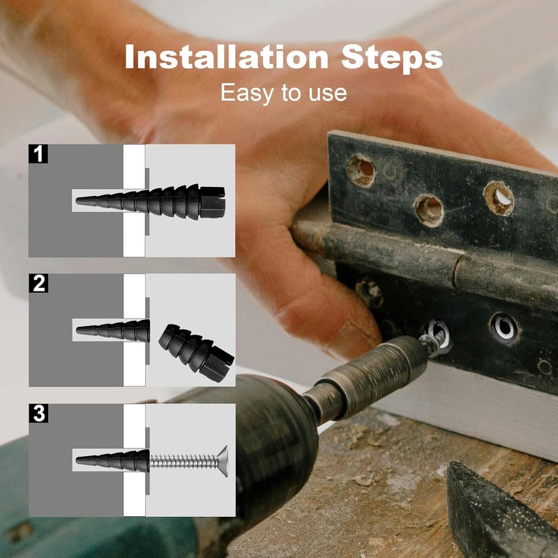 Haespot Black 12PCS Stripped Screw Hole Repair Anchor, Door Hinge Screw Hole Filler, Multi Use Wall Anchors, Fits Wood Screws Sizes #2 to #16 - Image 5